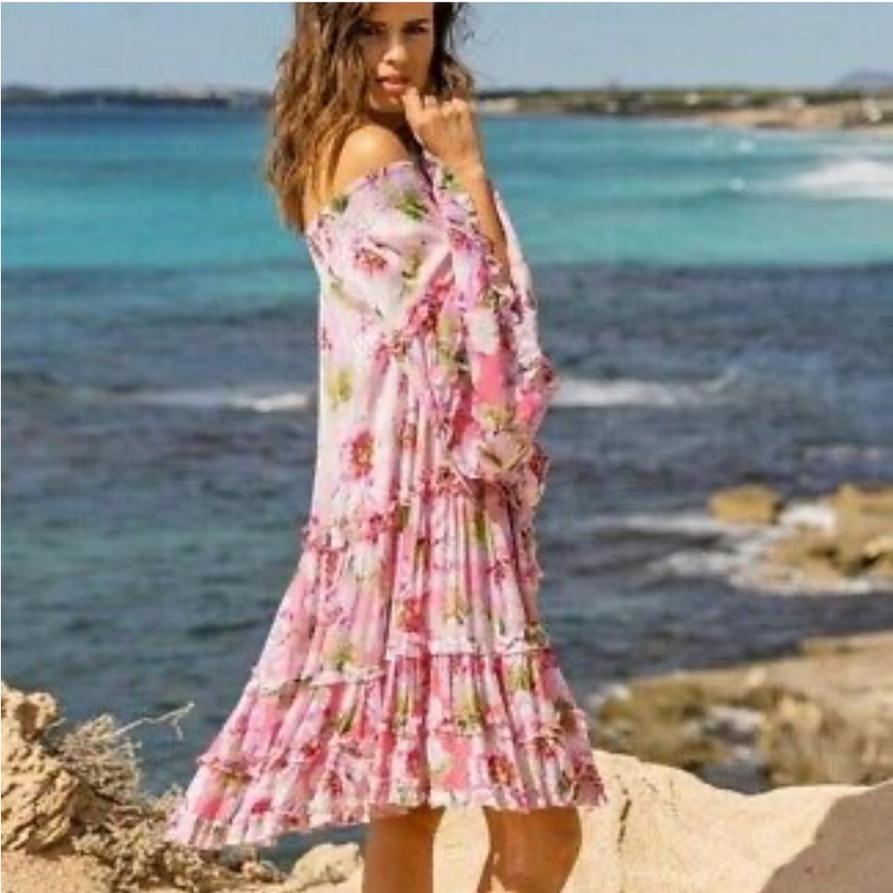 Pink and White Ruffled Tiered Midi Sundress NWOT